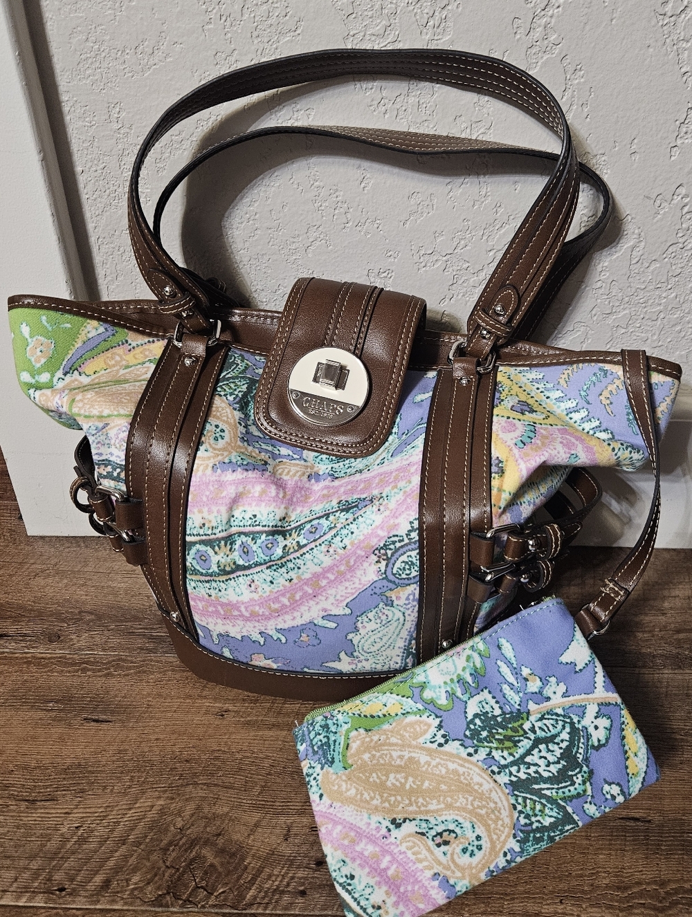 Chaps Paisley Print Tote Handbag w/ Matching Wristlet – Brown Faux Leather Trim